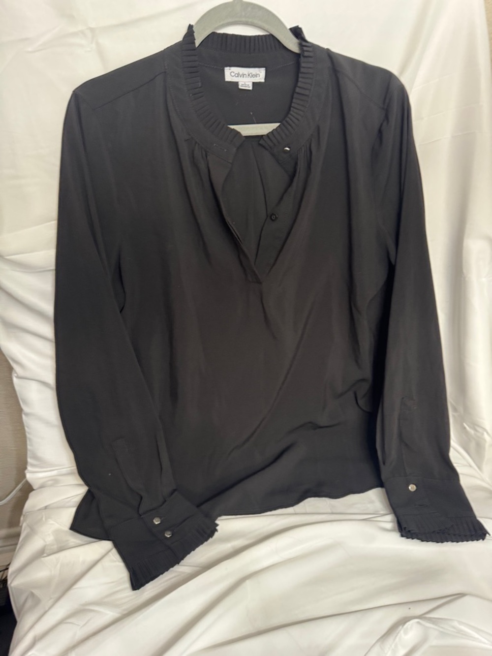 Calvin Klein Black Long-Sleeve Ruffle-Trim Blouse